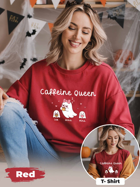 Caffeine Queen Mom Shirt or Sweater – Funny Coffee Mom Life – Custom Name & Year